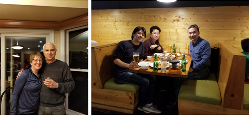 그림3. 2018년 크리스마스파티에서 Raphael교수와 부인(미시간대학교병원 소아과 과장). / 그림4. 2019년 시내 중식당에서 같은 랩 소속 한국, 중국, 일본 3국 모임.