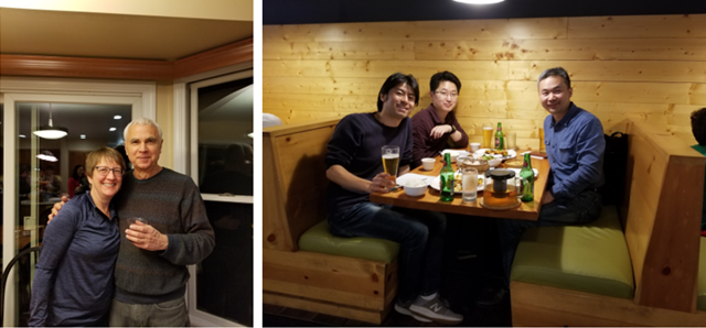 그림3. 2018년 크리스마스파티에서 Raphael교수와 부인(미시간대학교병원 소아과 과장). / 그림4. 2019년 시내 중식당에서 같은 랩 소속 한국, 중국, 일본 3국 모임.