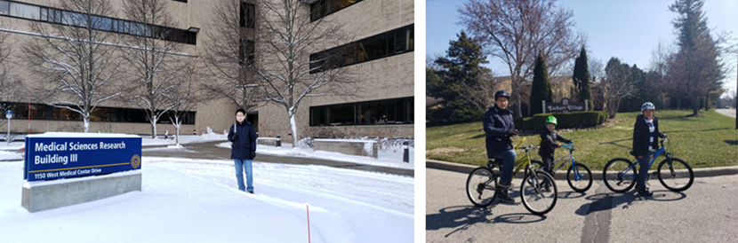 그림5. 2019년 겨울 출근길에 연구센터 입구. / 그림6. 2020년 미시간 락다운 후 집에서 지내며 아이들과 동네 돌면서 운동 중.
