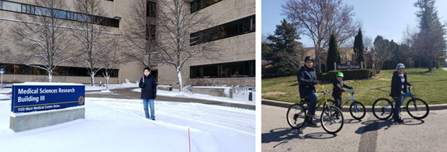 그림5. 2019년 겨울 출근길에 연구센터 입구. / 그림6. 2020년 미시간 락다운 후 집에서 지내며 아이들과 동네 돌면서 운동 중.