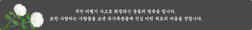 무안 비행기 사고로 희생되신 분들의 명복을 빕니다. 또한 사랑하는 사람들을 보낸 유가족분들께 진심 어린 위로의 마음을 전합니다.